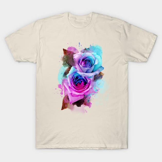 Blue and pink watercolour rainbow roses T-Shirt by Blacklinesw9